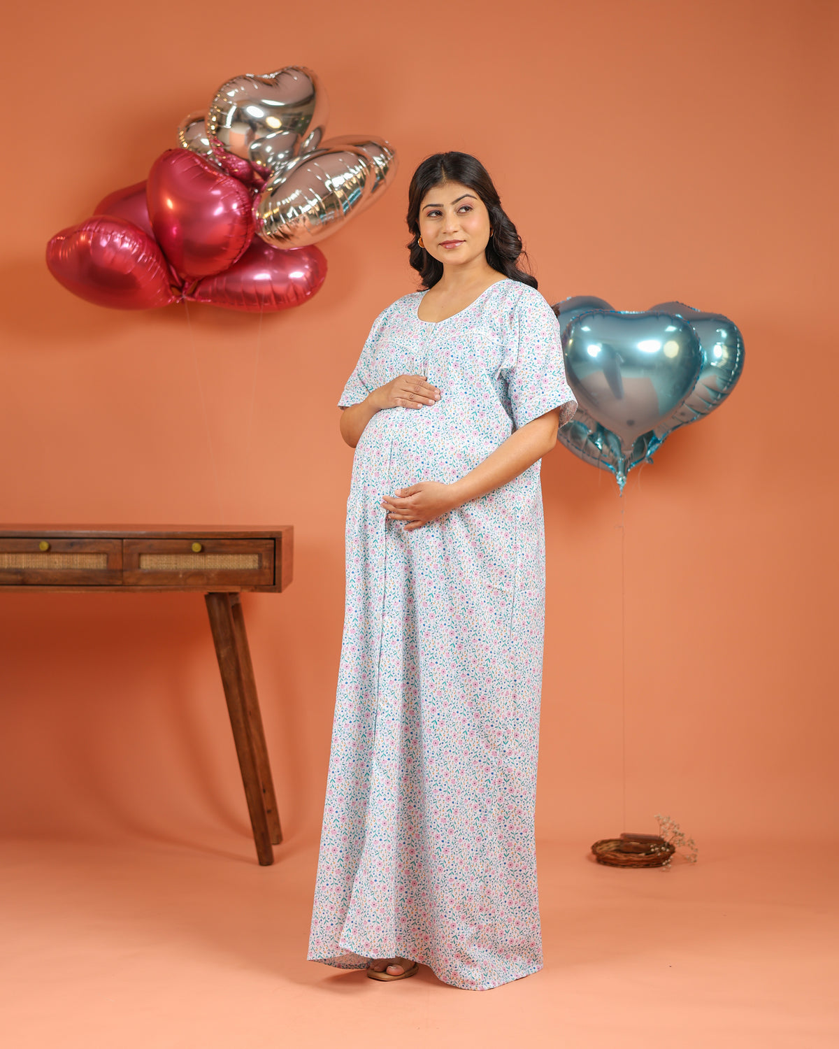 Sky | Premium Soft Cotton Button Down Ditsy Floral Nighty – Sky Blue