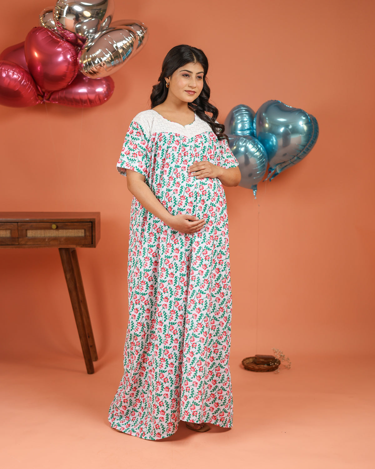 Bella | She Wardrobe Lace Yoke Premium Cotton Maternity & Nursing Gown – White & Red Floral
