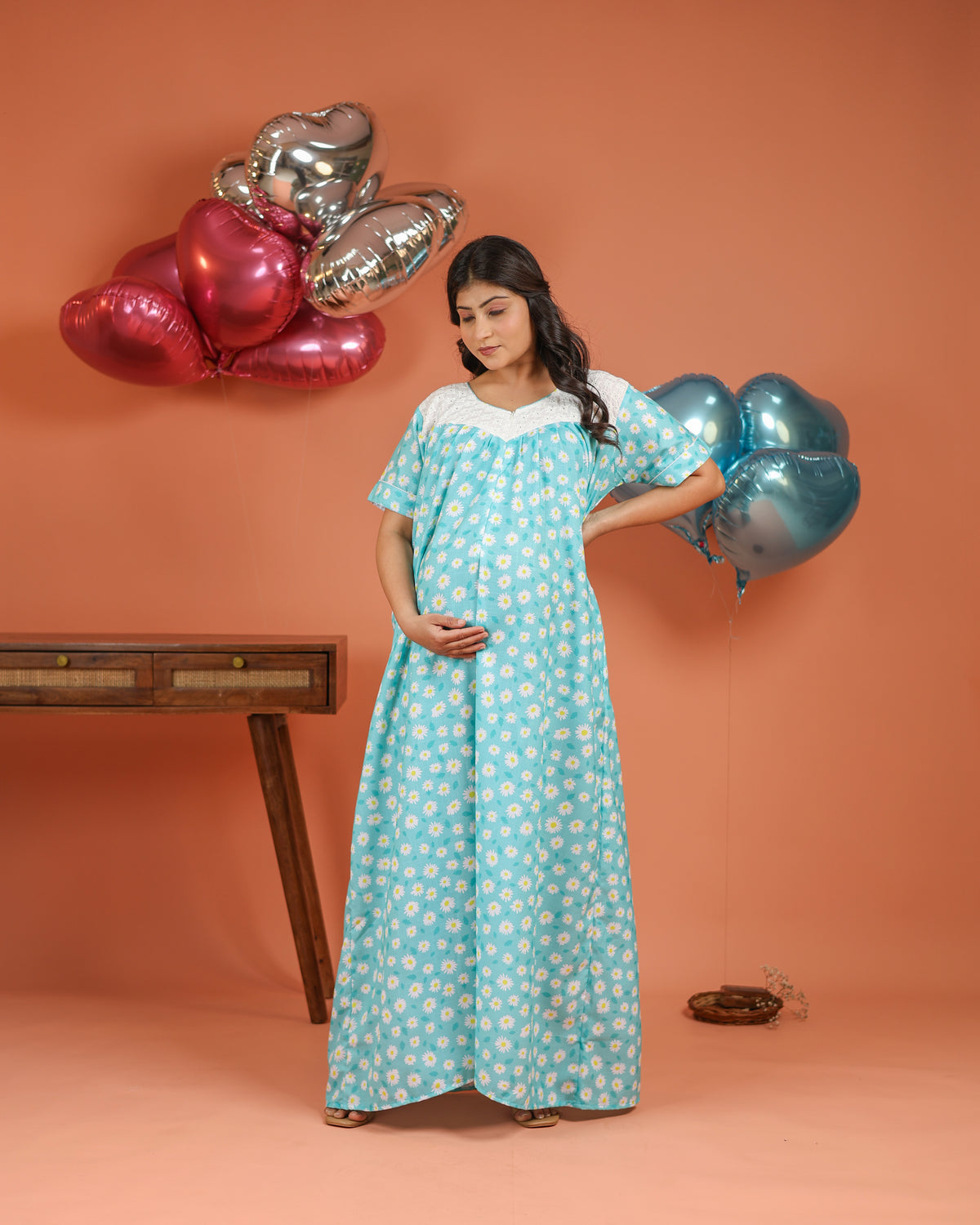 Aqua | She Wardrobe Lace Yoke Premium Cotton Maternity & Nursing Gown – Turquoise Blue