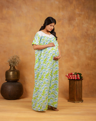Clover | She Wardrobe Lace Yoke Premium Cotton Maternity & Nursing Gown – Spring Lime
