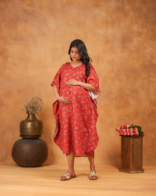 Raya | Crimson Red Leaf Sprig Premium Rayon Nursing Kaftan - Free Size