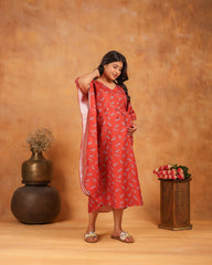 Raya | Crimson Red Leaf Sprig Premium Rayon Nursing Kaftan - Free Size