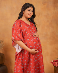 Raya | Crimson Red Leaf Sprig Premium Rayon Nursing Kaftan - Free Size
