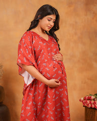 Raya | Crimson Red Leaf Sprig Premium Rayon Nursing Kaftan - Free Size