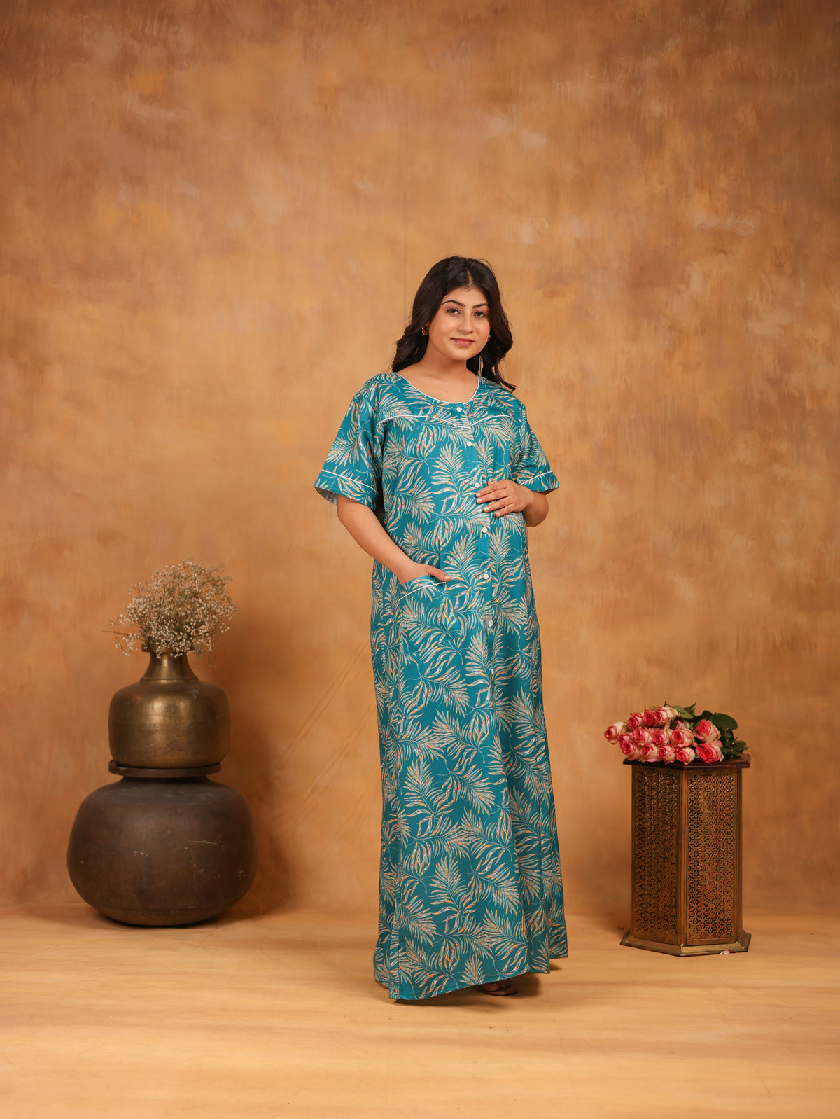 Fern | Premium Soft Cotton Button Down Tropical Leaf Nighty – Teal Blue