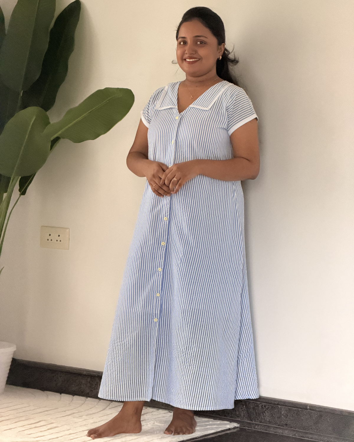 Skye | She Wardrobe Premium Cotton Seersucker Maternity & Nursing Dress – Soft Blue