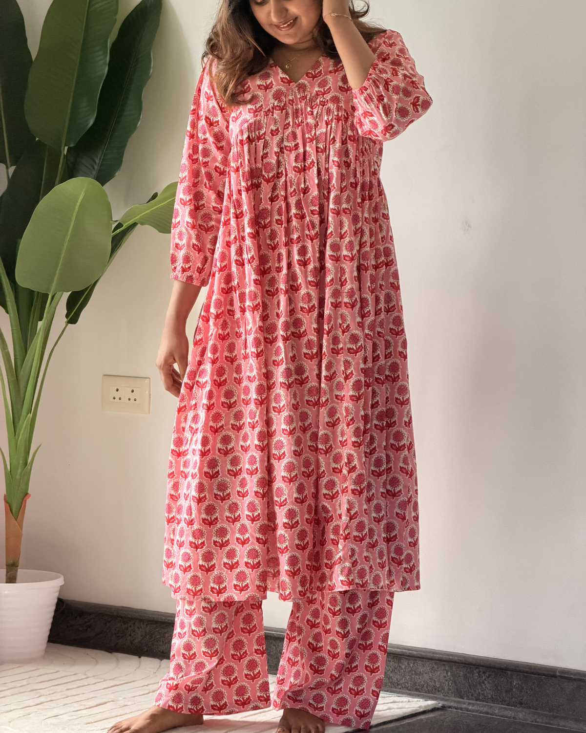 Gulabi | She Wardrobe V-Neck Three-Quarter Sleeve Premium Cotton Maternity & Nursing Coord Set – Pink Floral Block Print