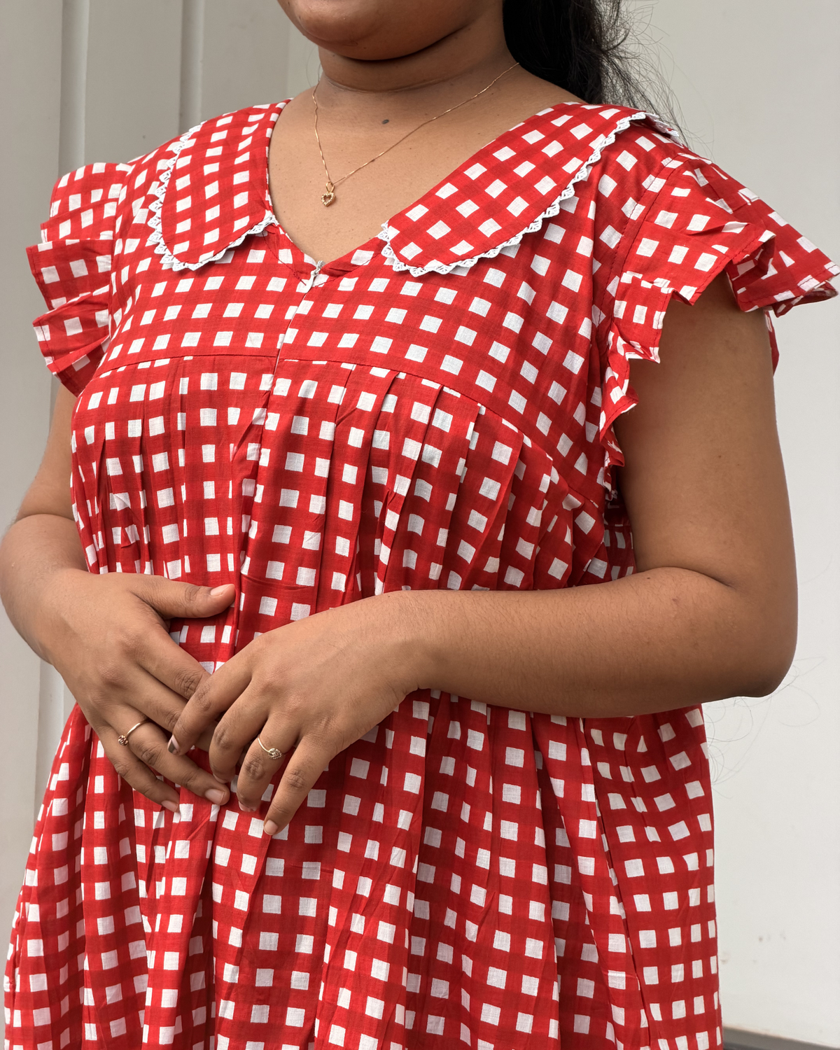 Pepper | She Wardrobe Peter Pan Collar Flutter Sleeve Premium Cotton Maternity & Nursing Gown – Red Gingham Check