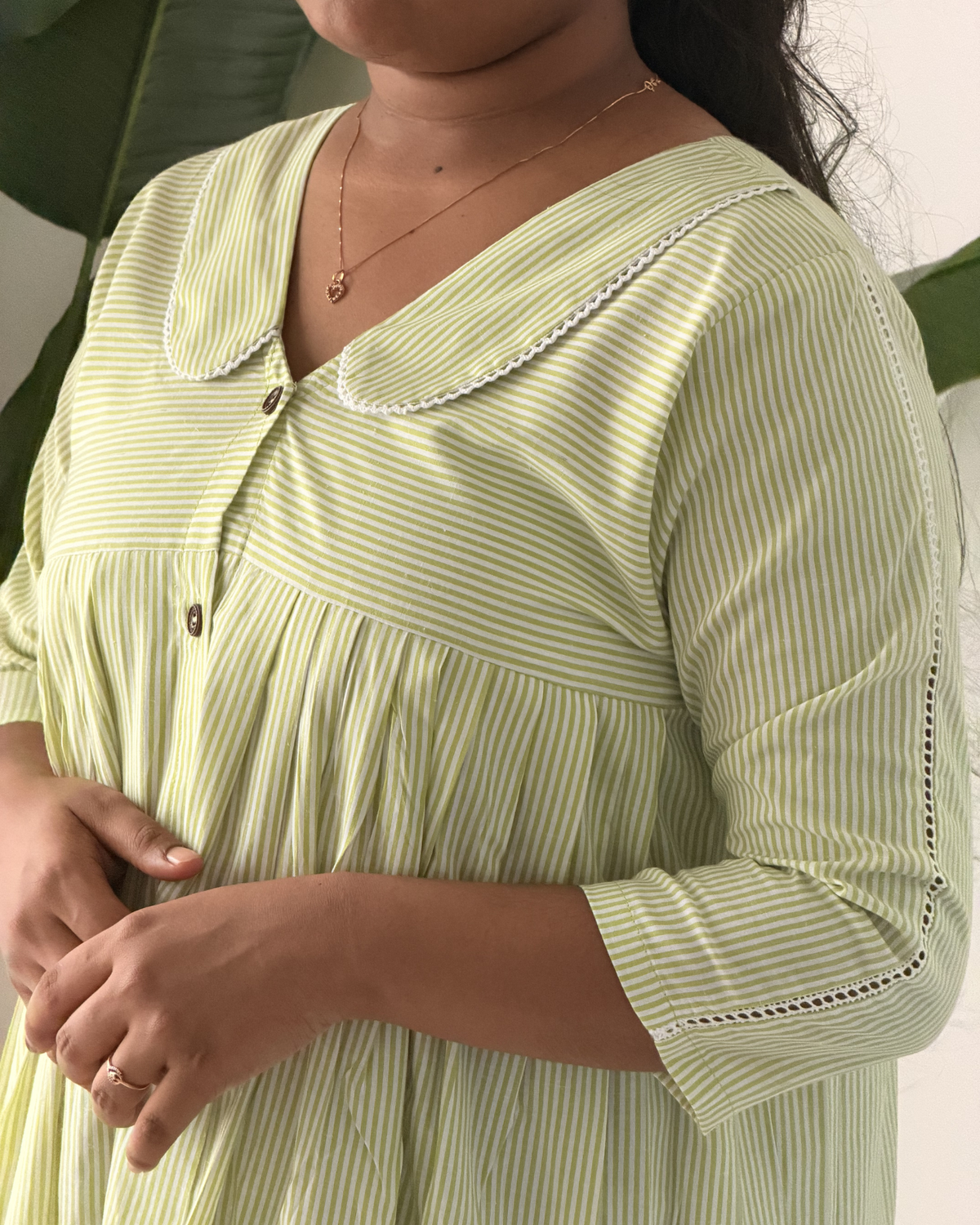 Citrus | She Wardrobe Peter Pan Collar Three-Quarter Sleeve Premium Cotton Maternity & Nursing Gown – Soft Lemon Stripe