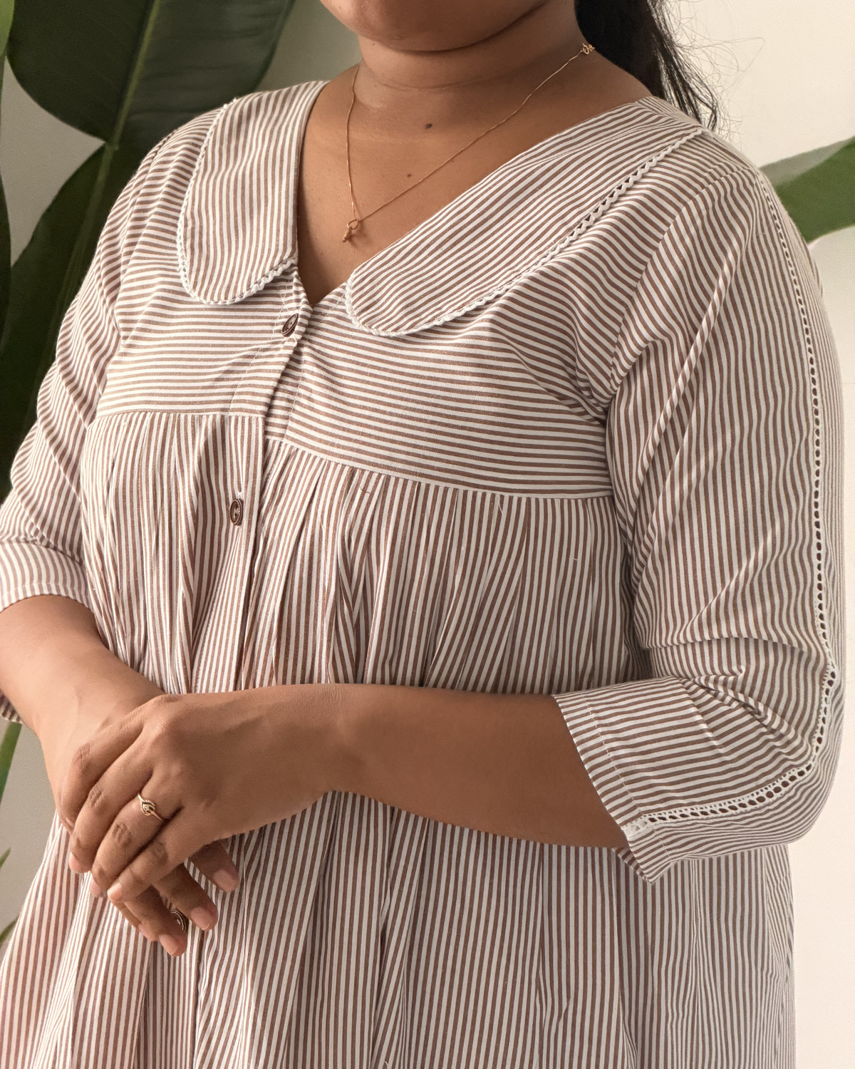 Mocha | She Wardrobe Peter Pan Collar Three-Quarter Sleeve Premium Cotton Maternity & Nursing Gown – Brown Stripe