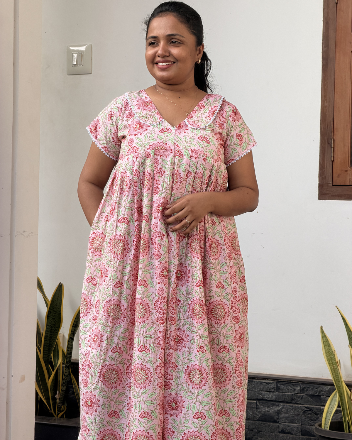 Dahlia | She Wardrobe Peter Pan Collar Cap Sleeve Premium Cotton Maternity & Nursing Gown – Pink Floral Block Print