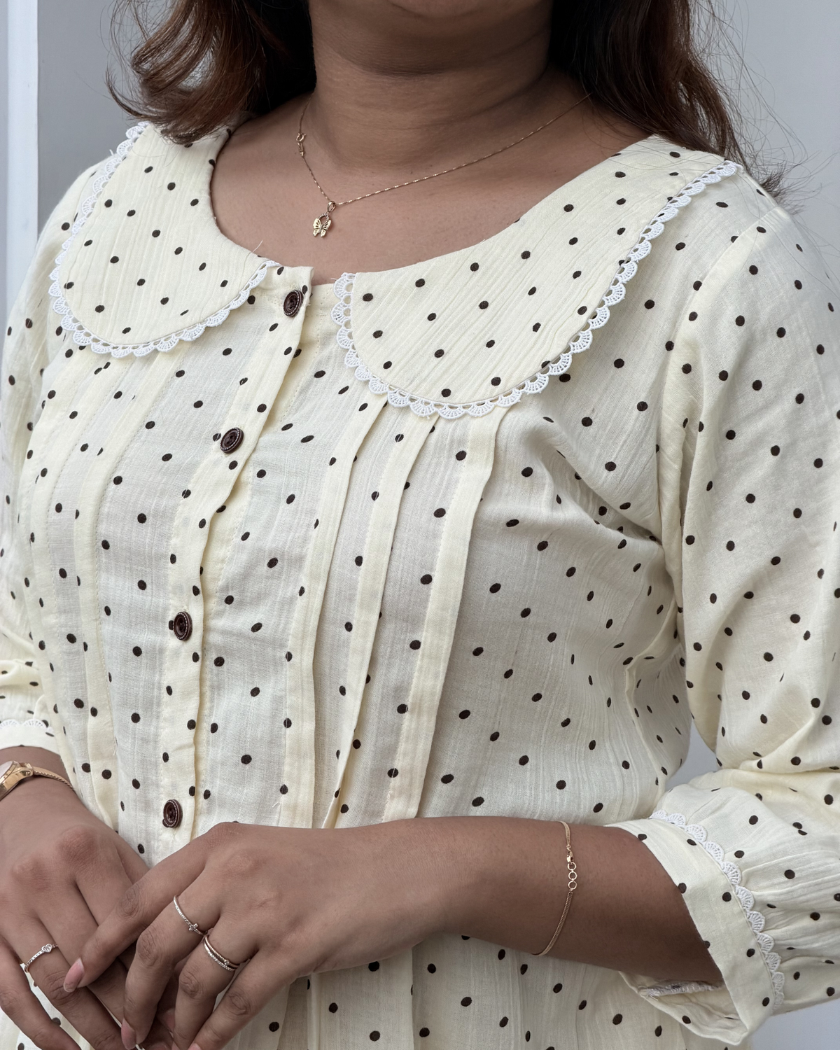 Vanilla | She Wardrobe Peter Pan Collar Three-Quarter Sleeve Premium Double Gauze Muslin Maternity & Nursing Gown – Cream Polka Dot