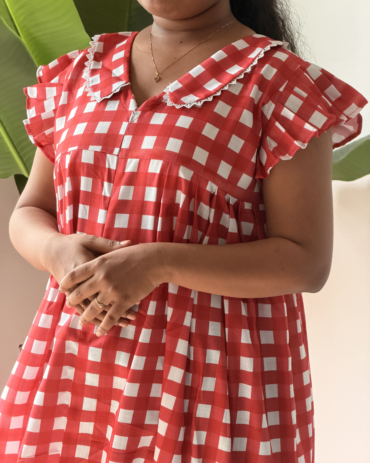 Picnic | She Wardrobe Scallop Lace Peter Pan Collar Flutter Sleeve Premium Cotton Maternity & Nursing Gown – Red Gingham Check
