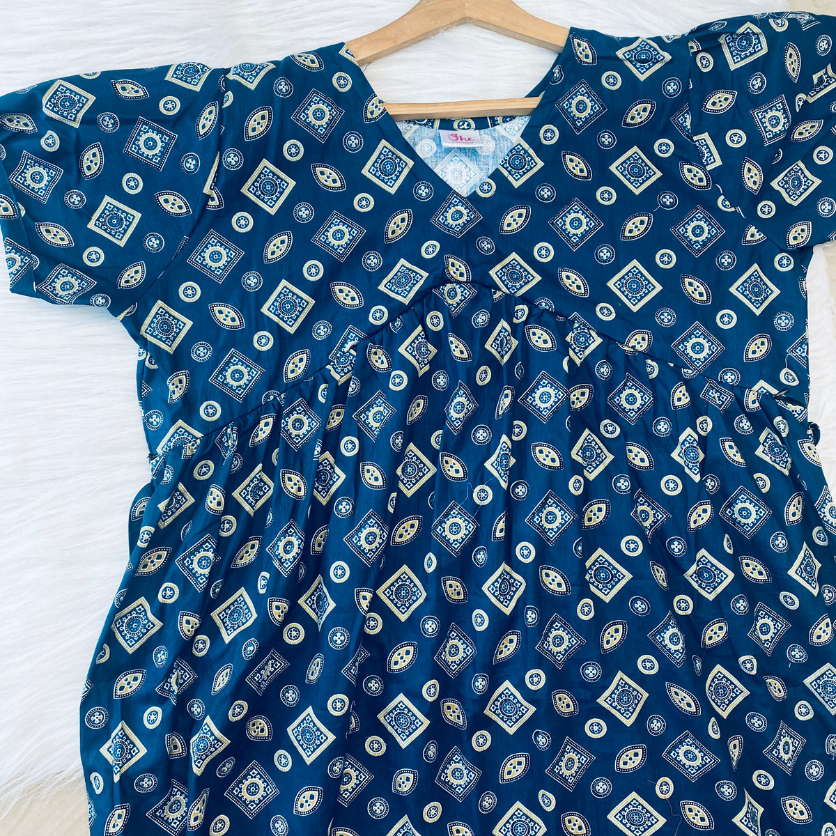 Feeding Frock Alia Cut, Free Size, Ankle Length, Tie-Up, Puff Sleeve Sleepwear in Softest Cotton Fabric (Bra Size 34"-38" | 50”-52″ length)
