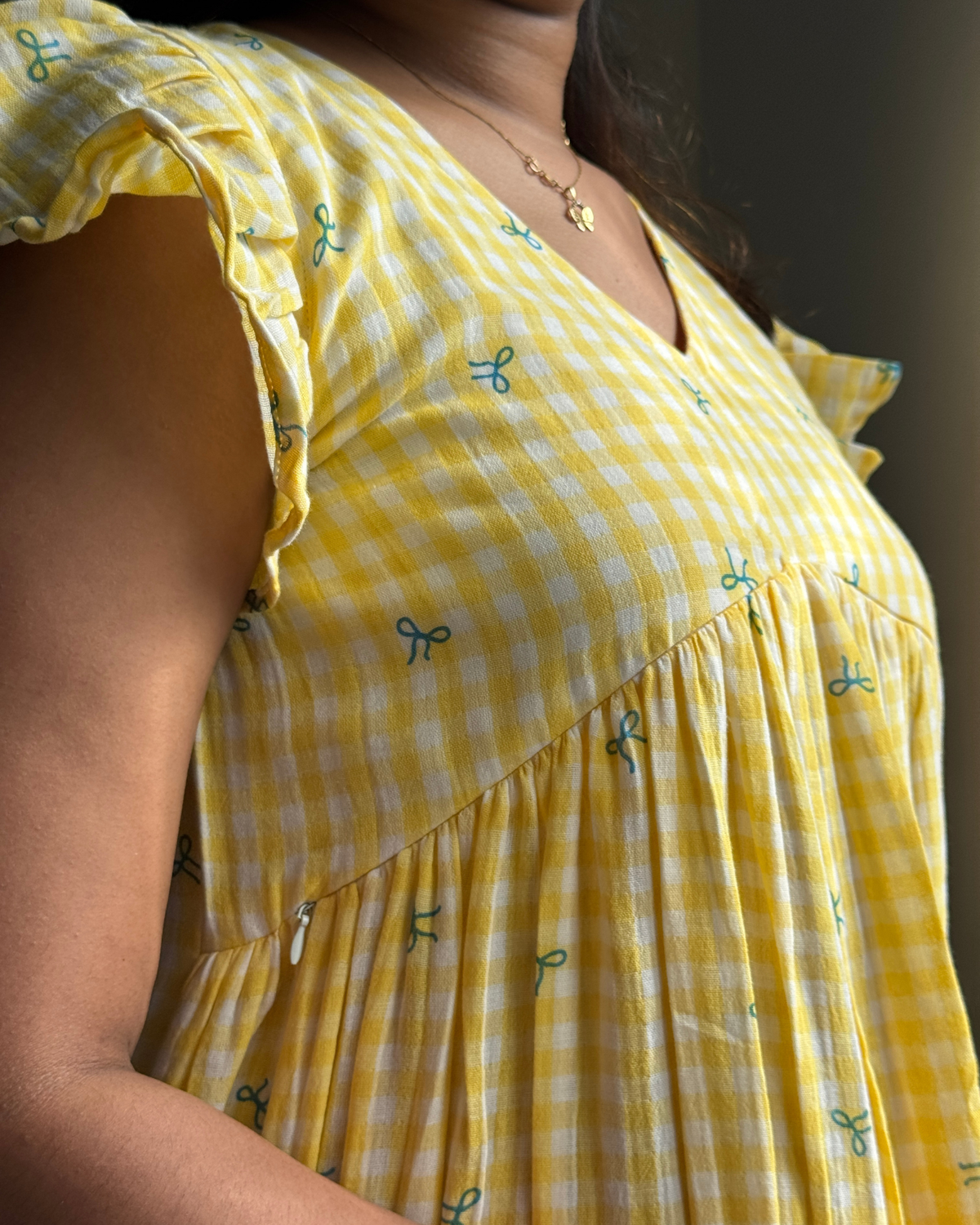 Buttercup | She Wardrobe V-Neck Flutter Sleeve Tiered Double Gauze Muslin Maternity & Nursing Gown – Yellow Gingham Bow Print