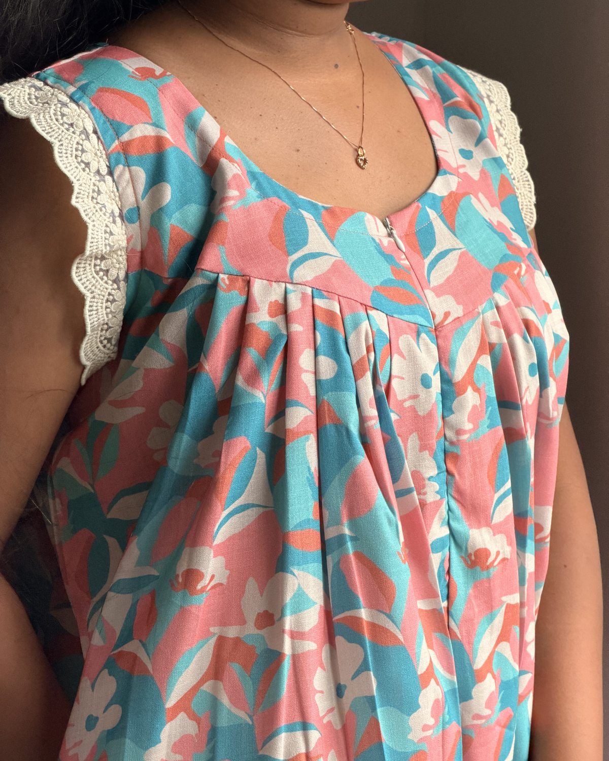 Mural | She Wardrobe Round Neck Lace Flutter Sleeve Premium Cotton Maternity & Nursing Gown – Teal Pink Abstract Floral Print