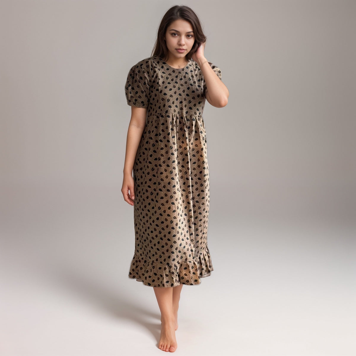 Frock Feeding Nighty, Free Size, Ankle Length, Tie-Up, Puff Sleeve Sleepwear in Softest Cotton Fabric (Bra Size 34"-38" | 50”-52″ length)