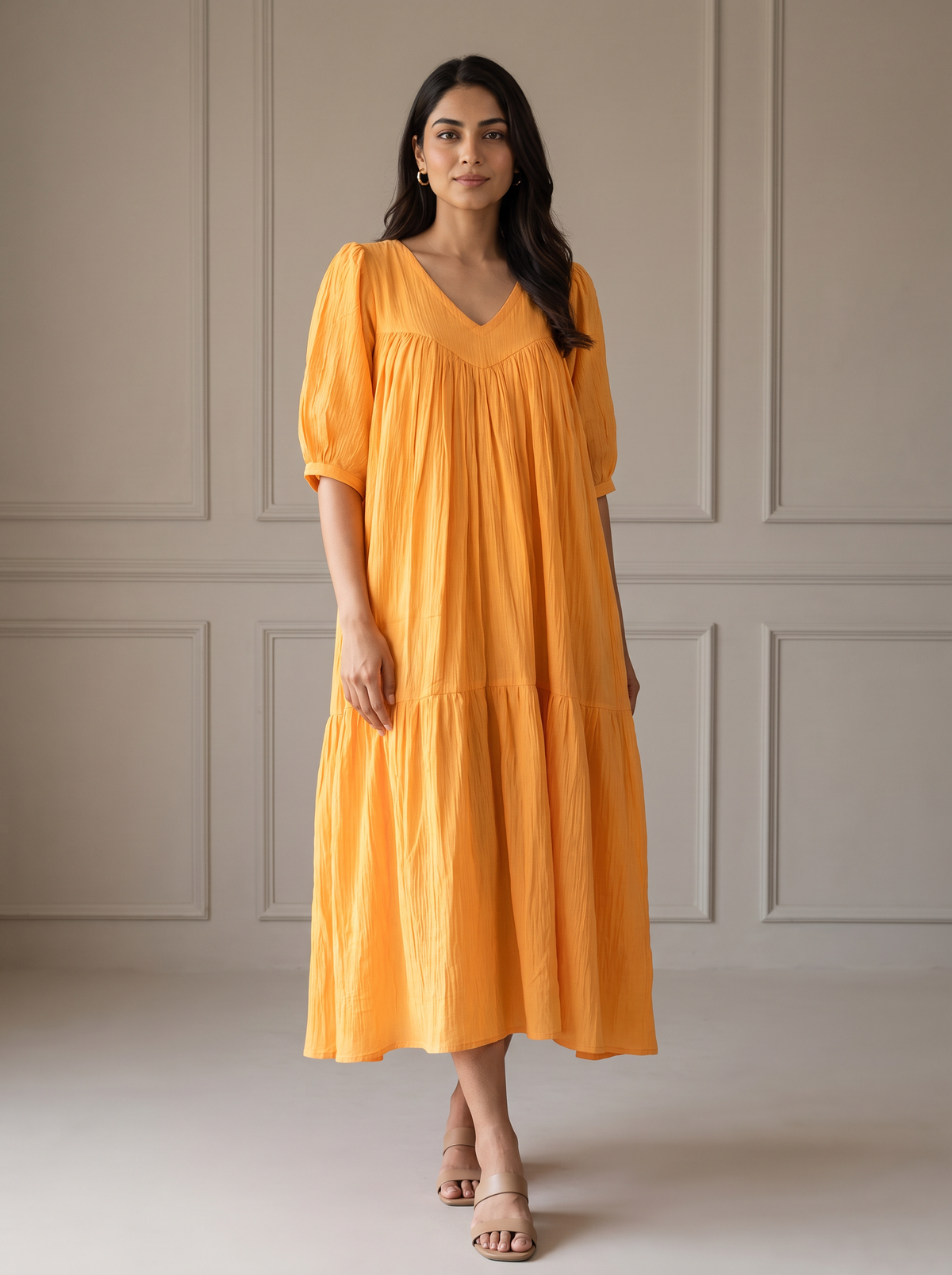 Goldie | She Wardrobe V-Neck Puff Sleeve Tiered Premium Double Gauze Muslin Maternity & Nursing Gown – Mango Orange