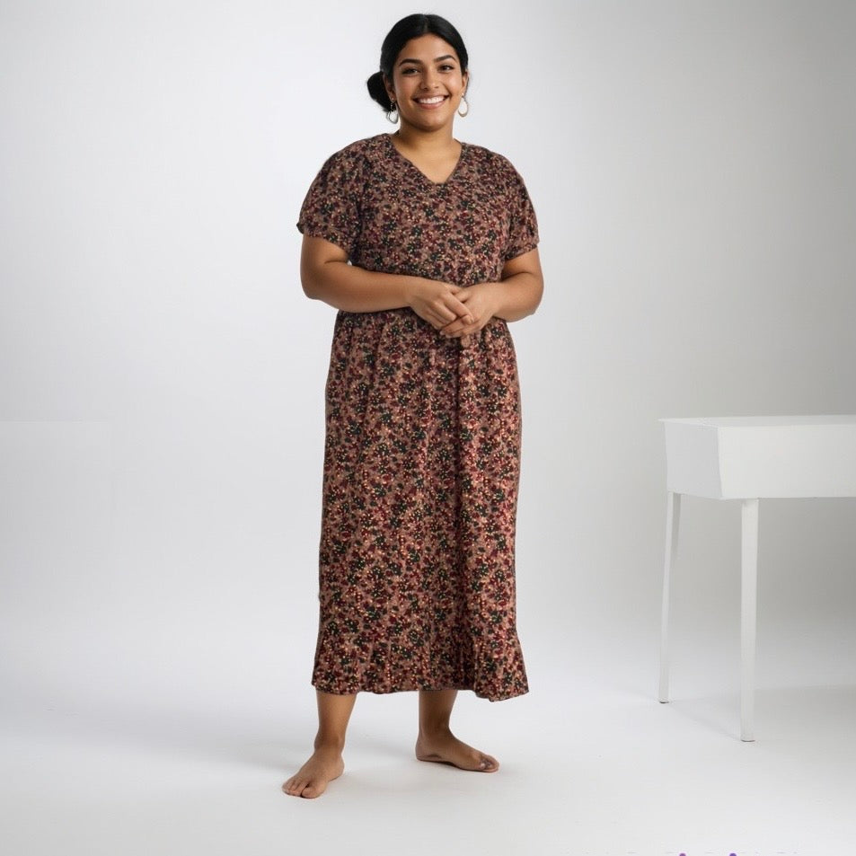 Frock Feeding Nighty, Free Size, Ankle Length, Tie-Up, Puff Sleeve Sleepwear in Softest Cotton Fabric (Bra Size 34"-38" | 50”-52″ length)