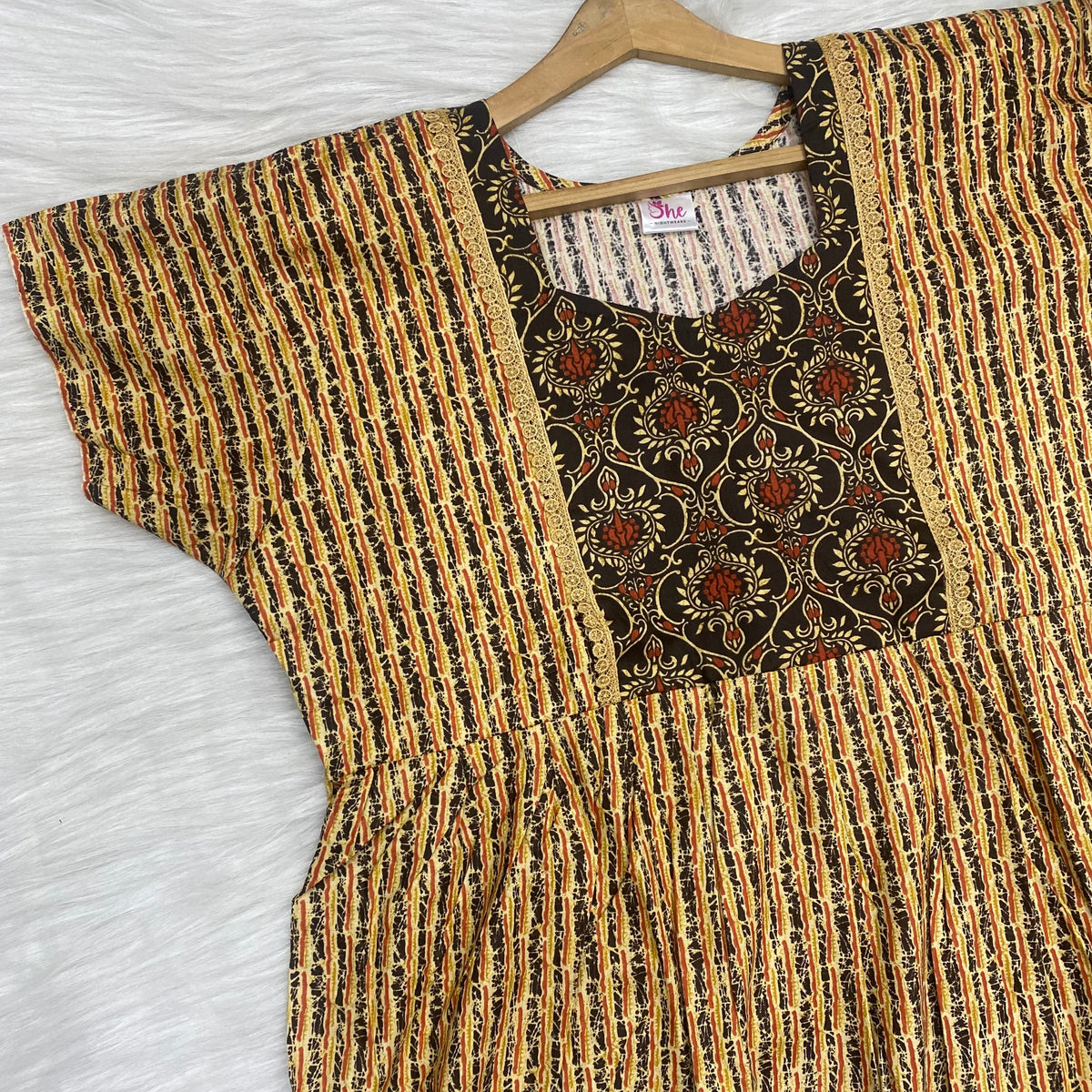 Frock Feeding Nighty, Free Size, Ankle Length, Tie-Up, Puff Sleeve Sleepwear in Softest Cotton Fabric (Bra Size 34"-38" | 50”-52″ length)