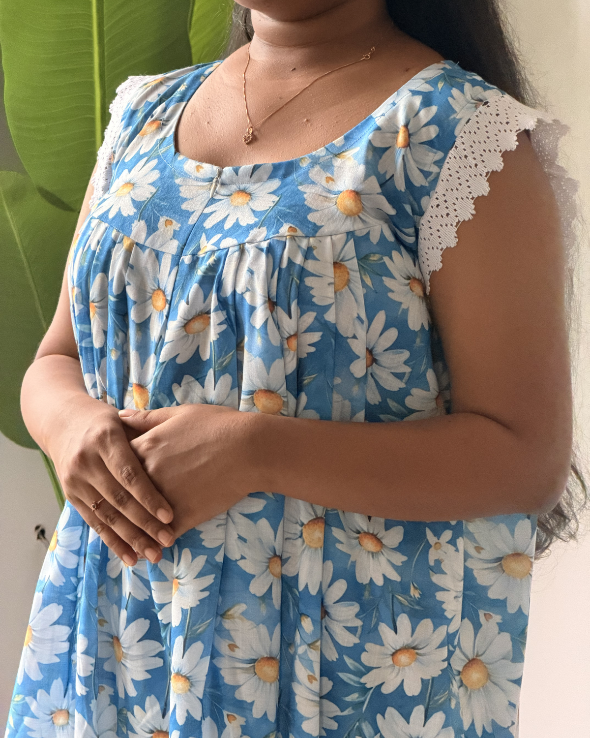 Daisy | She Wardrobe Round Neck Lace Flutter Sleeve Premium Cotton Maternity & Nursing Gown – Sky Blue Daisy Print