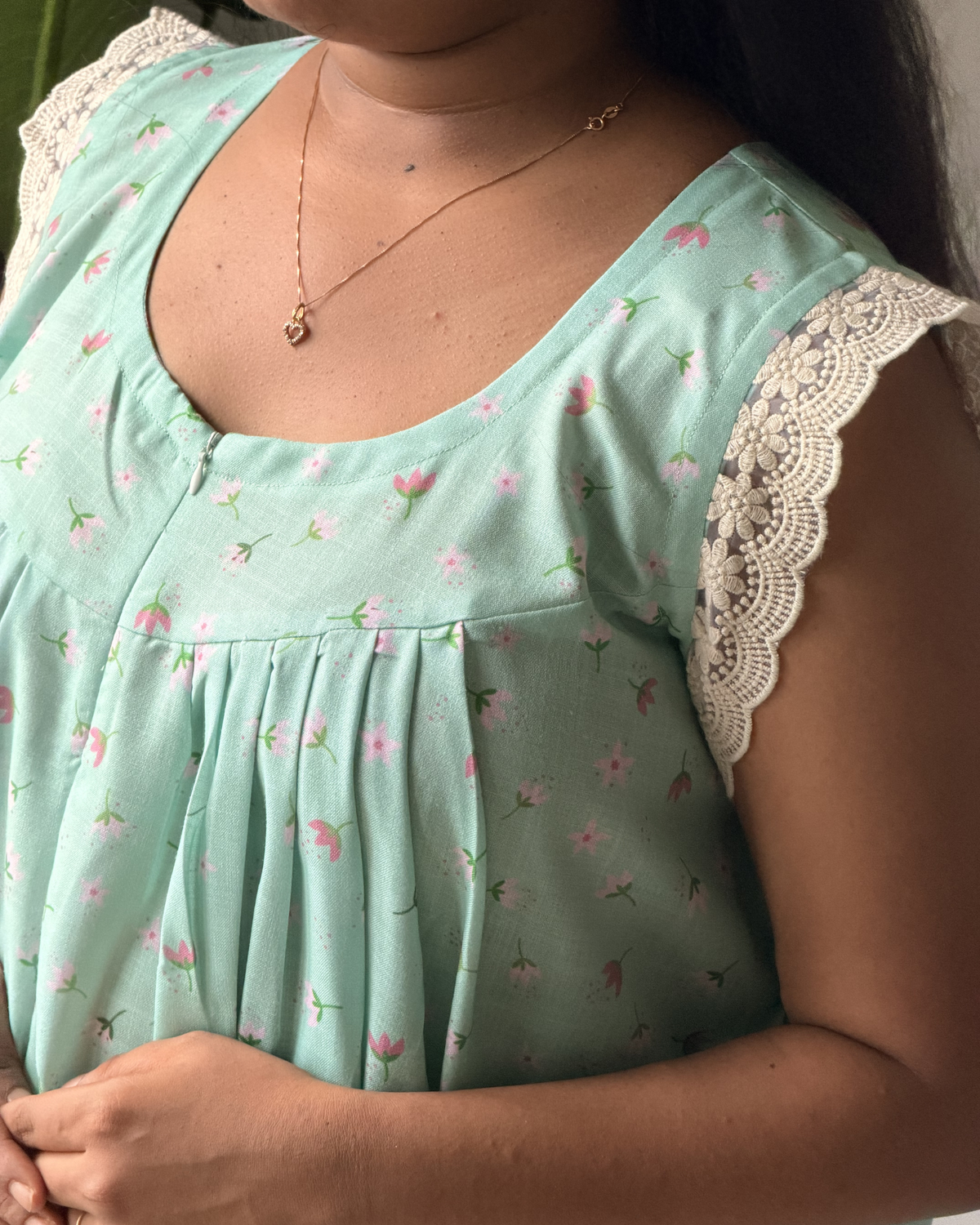 Tulip | She Wardrobe Round Neck Lace Flutter Sleeve Premium Cotton Maternity & Nursing Gown – Mint Green Tulip Print
