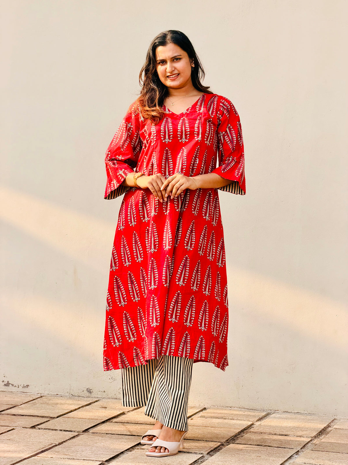 Ruvika | She Wardrobe Premium Hand Block Print Cotton Maternity & Feeding Cordset – Red Leaf Print