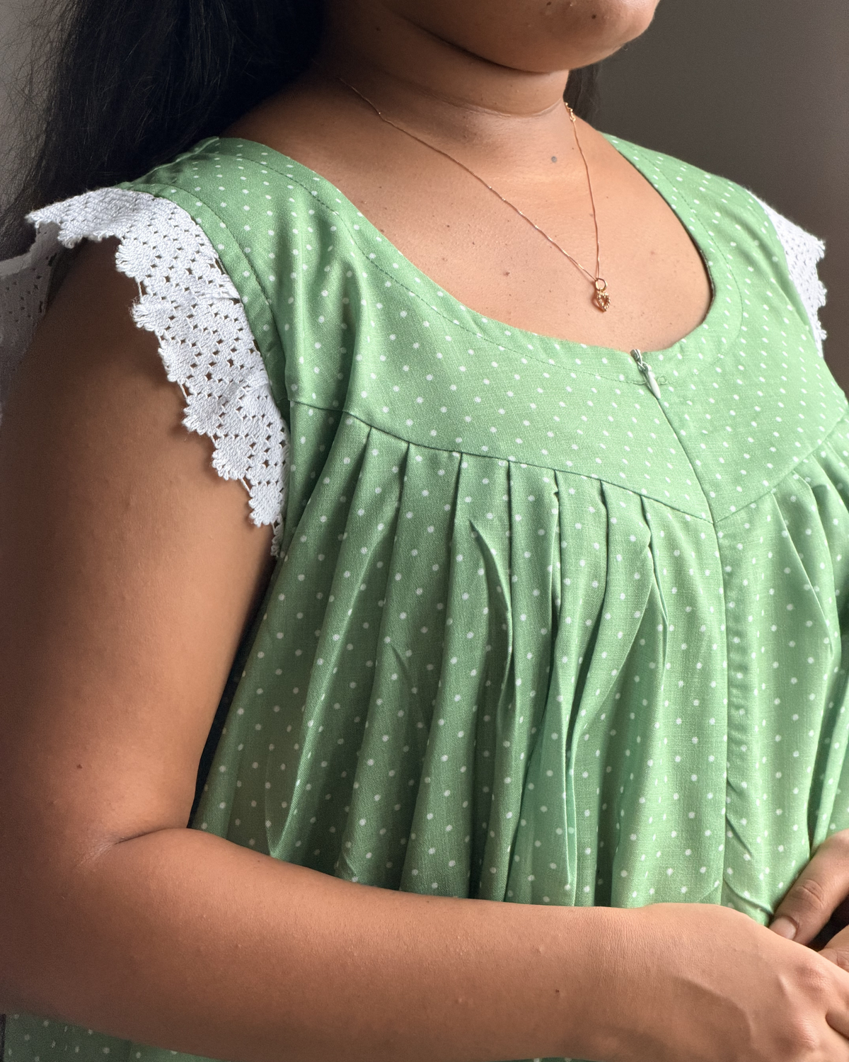 Sage | She Wardrobe Round Neck Lace Flutter Sleeve Premium Cotton Maternity & Nursing Gown – Sage Green Polka Dot