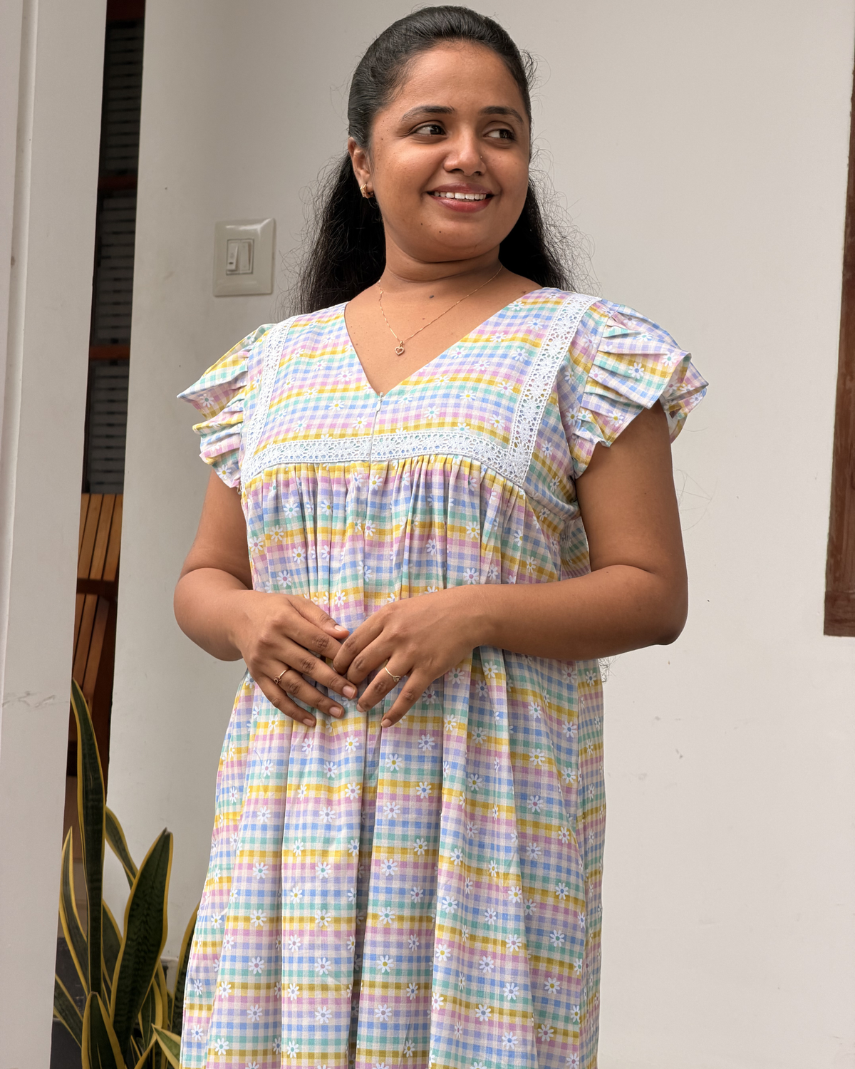 Elara | She Wardrobe Premium Cotton Floral Checkered Maternity & Nursing Dress – Pastel Daisy