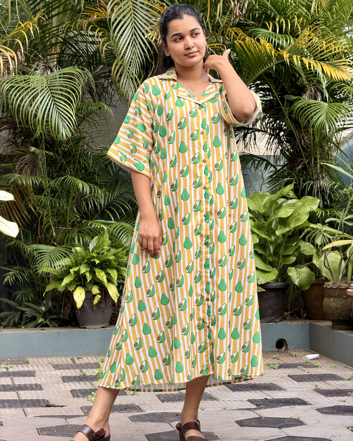 Avoca | She Wardrobe Shirt Collar Half Sleeve Full Button-Down Premium Cotton Maternity & Nursing Gown – Yellow Avocado Stripe Print