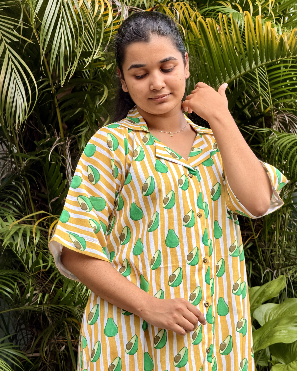 Avoca | She Wardrobe Shirt Collar Half Sleeve Full Button-Down Premium Cotton Maternity & Nursing Gown – Yellow Avocado Stripe Print