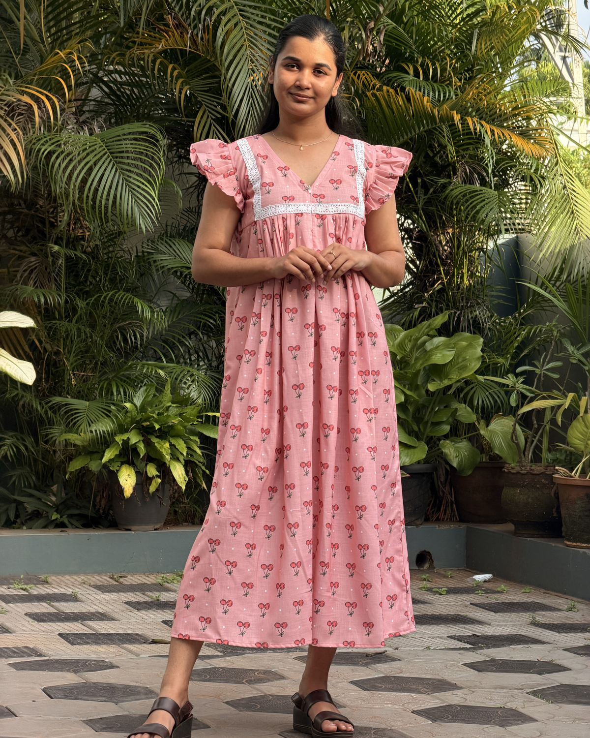 Berry | She Wardrobe V-Neck Lace Yoke Flutter Sleeve Premium Cotton Maternity & Nursing Gown – Pink Cherry Print