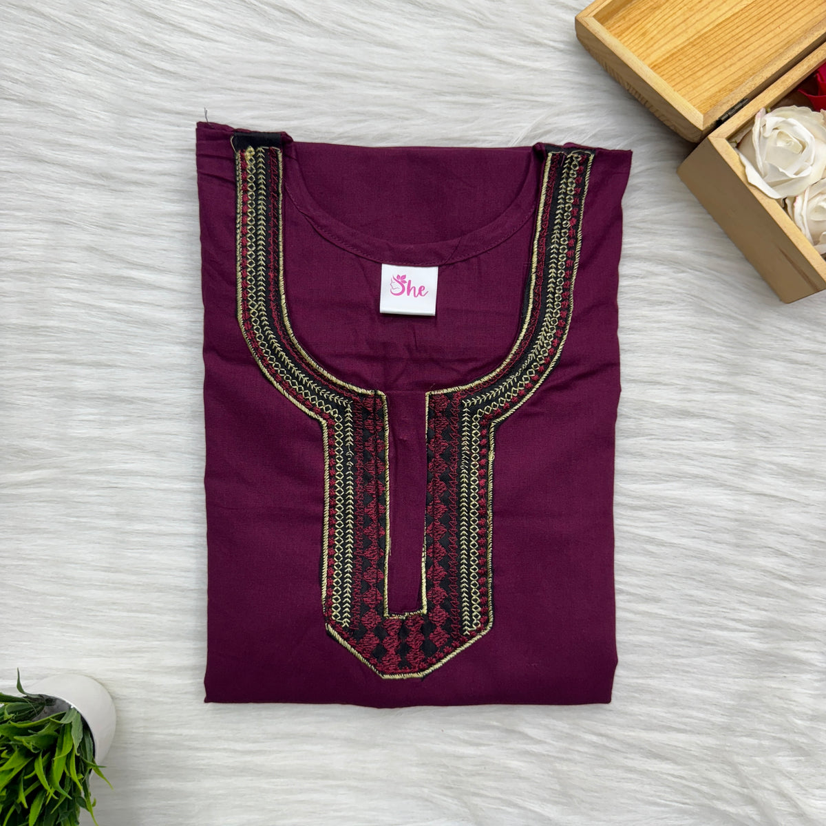 Neck Embroidery Plain Cotton Nighty, Free Size, Short Sleeve (54″-56″ length)