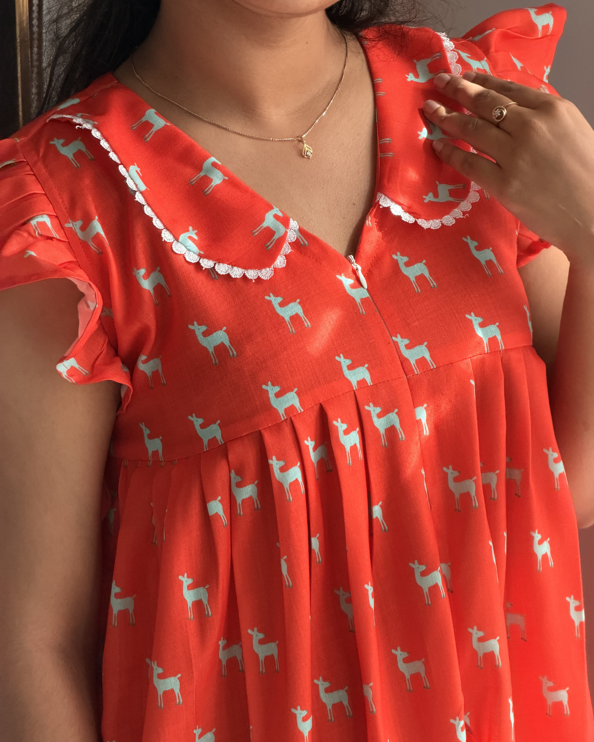 Bambi | She Wardrobe Scallop Lace Peter Pan Collar Flutter Sleeve Premium Cotton Maternity & Nursing Gown – Red Deer Print