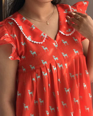 Bambi | She Wardrobe Scallop Lace Peter Pan Collar Flutter Sleeve Premium Cotton Maternity & Nursing Gown – Red Deer Print