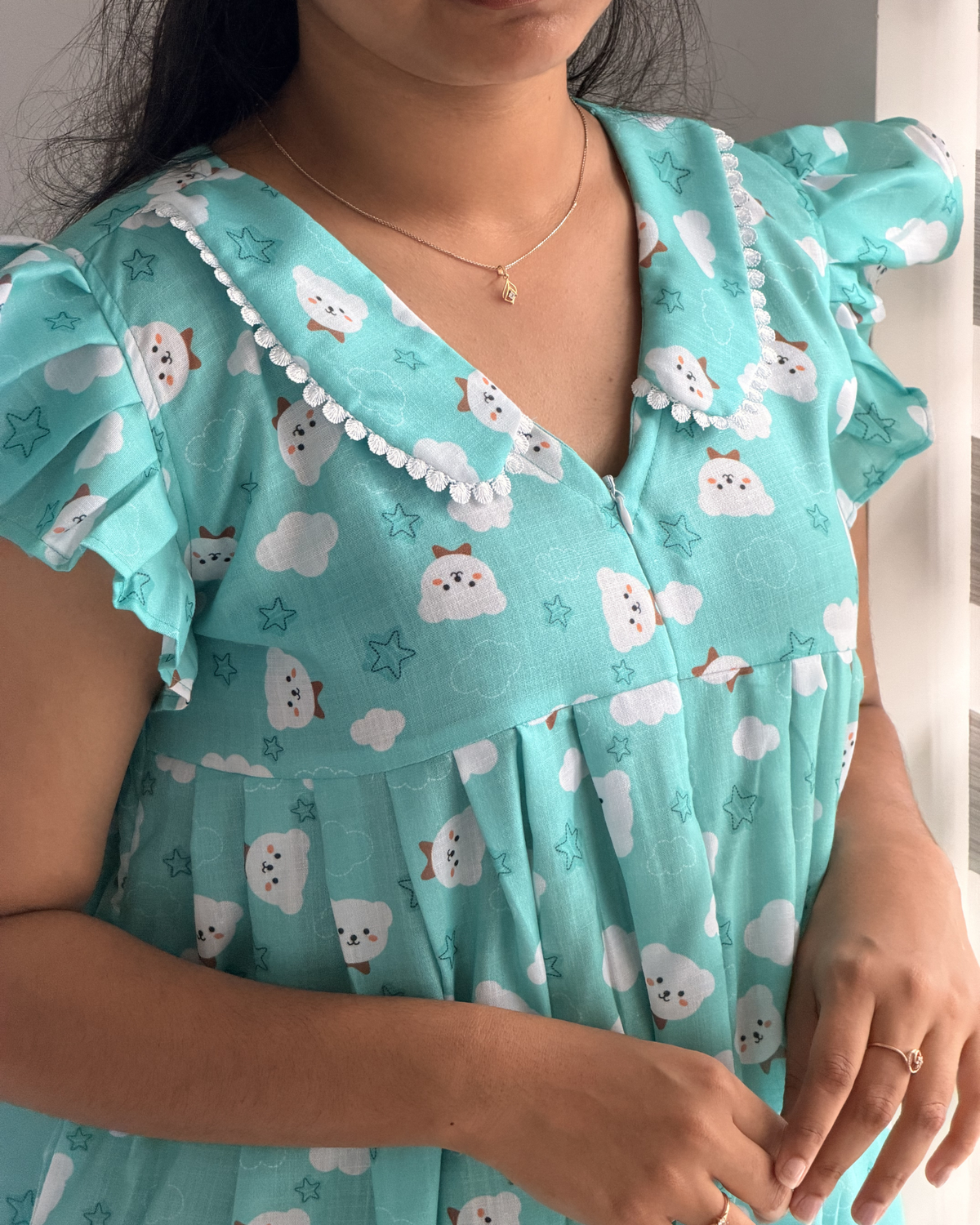 Cubby | She Wardrobe Scallop Lace Peter Pan Collar Flutter Sleeve Premium Cotton Maternity & Nursing Gown – Teal Cloud Bear Print