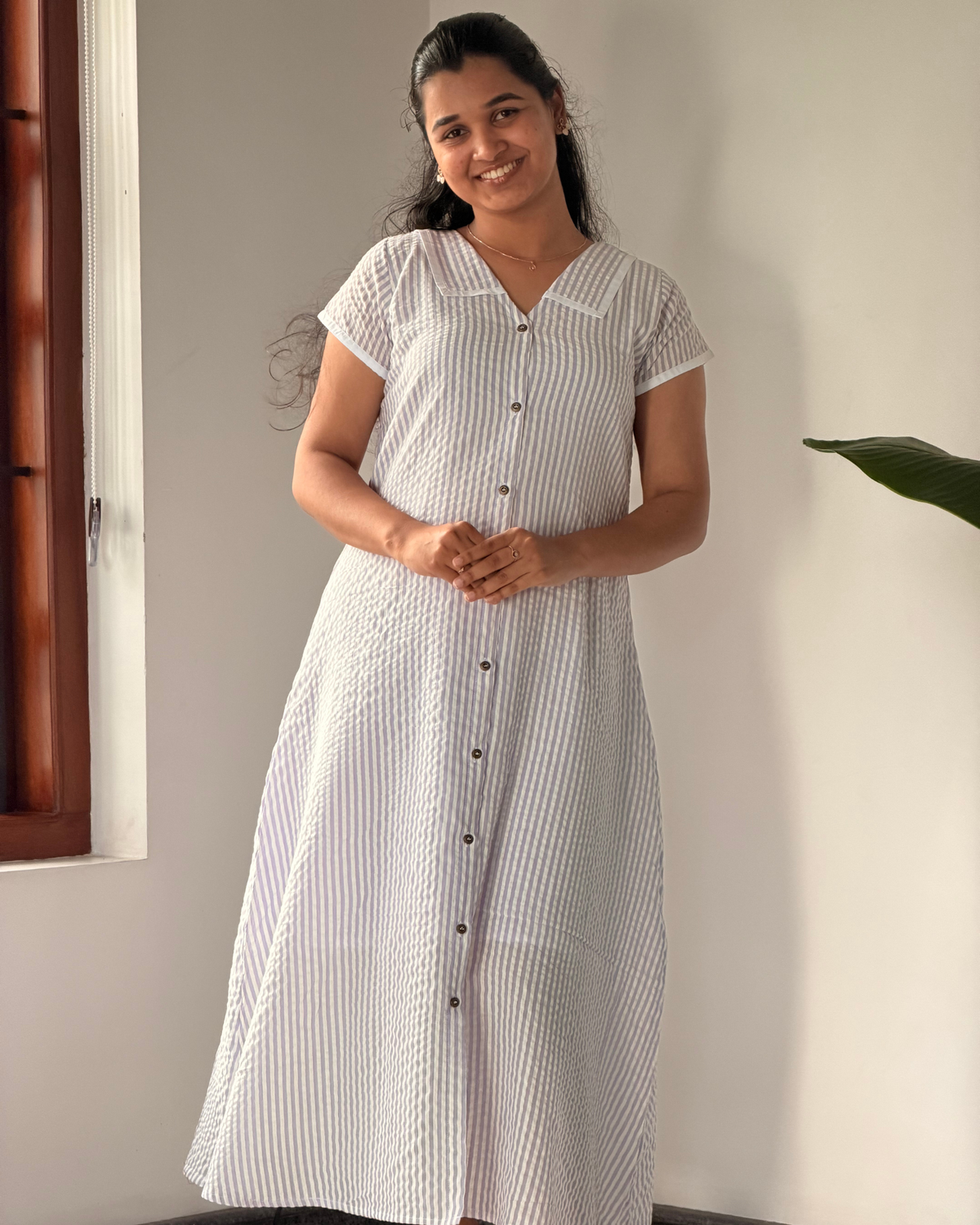 Lavender | She Wardrobe Shirt Collar Cap Sleeve Full Button-Down Premium Cotton Seersucker Maternity & Nursing Dress – White Lavender Stripe