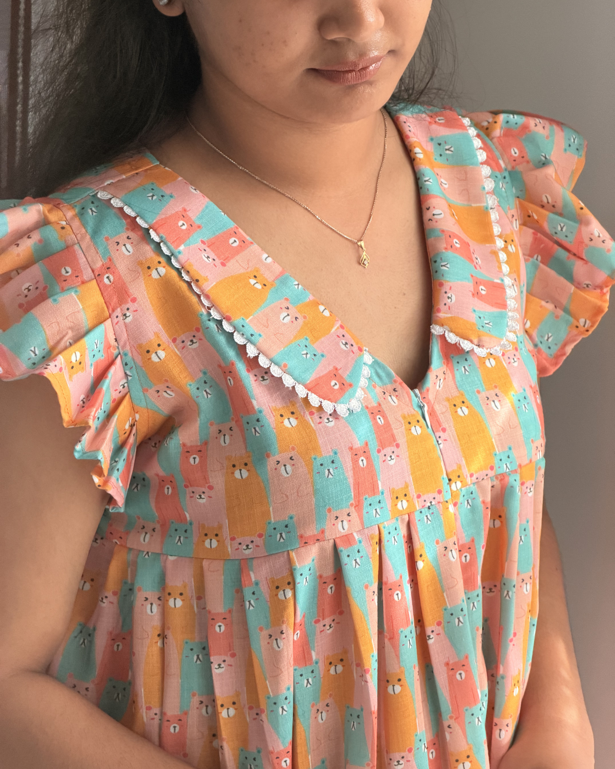 Kitty | She Wardrobe Scallop Lace Peter Pan Collar Flutter Sleeve Premium Cotton Maternity & Nursing Gown – Multicolour Cat Print