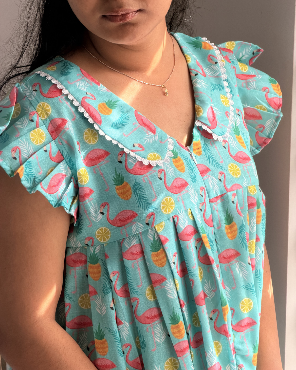 Tropicana | She Wardrobe Scallop Lace Peter Pan Collar Flutter Sleeve Premium Cotton Maternity & Nursing Gown – Teal Flamingo Pineapple Print