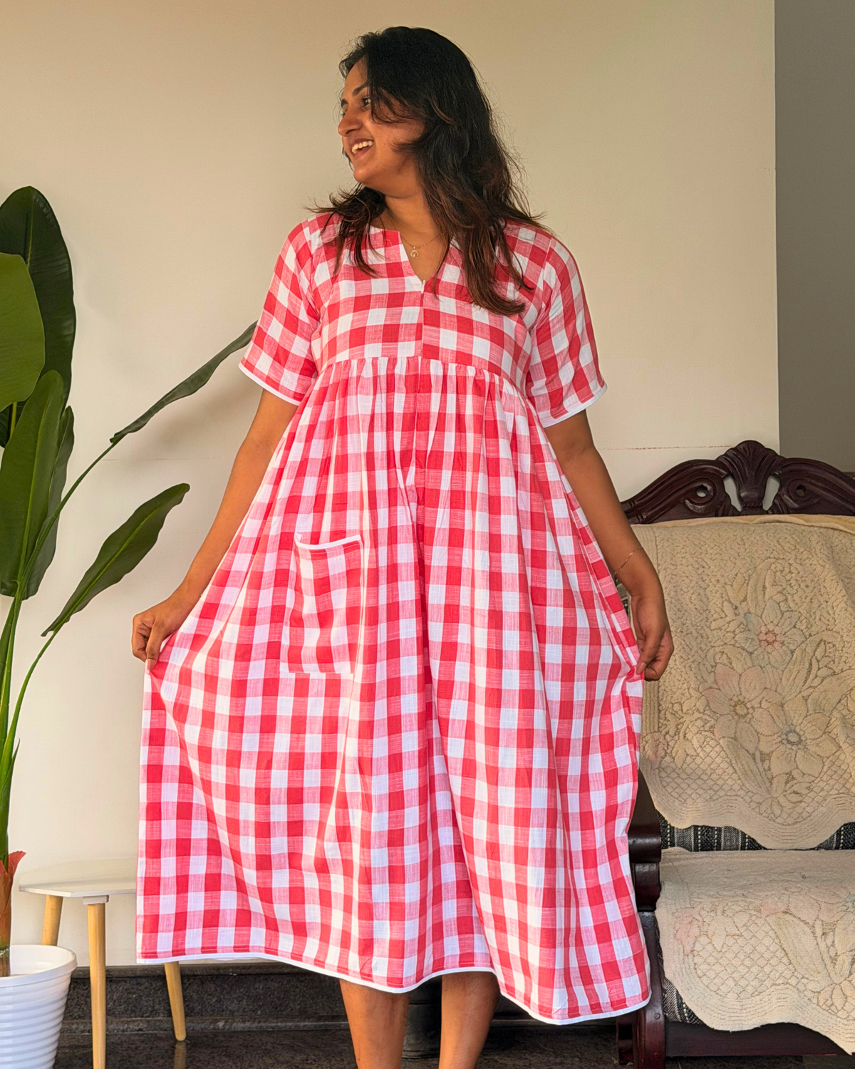 Ruby | She Wardrobe V-Neck Half Sleeve Premium Cotton Maternity & Nursing Dress – Red Gingham Check