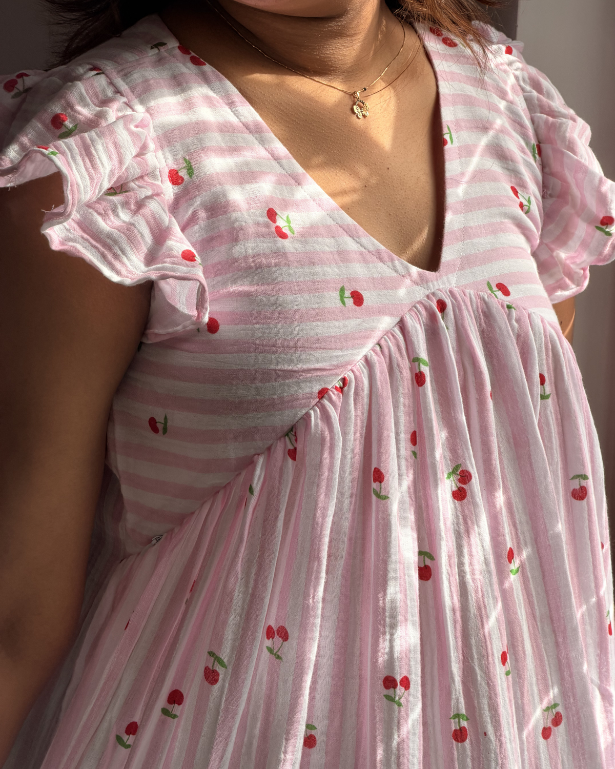 Cherry | She Wardrobe V-Neck Sleeveless Tiered Premium Muslin Double Gauze Maternity & Nursing Gown – Pink Stripe Cherry Print