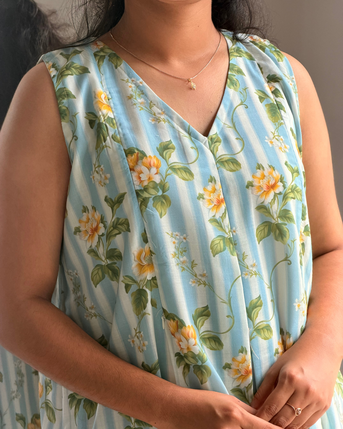 Gardenia | She Wardrobe V-Neck Sleeveless Premium Cambric Cotton Maternity & Nursing Gown – Blue Stripe Yellow Floral Print
