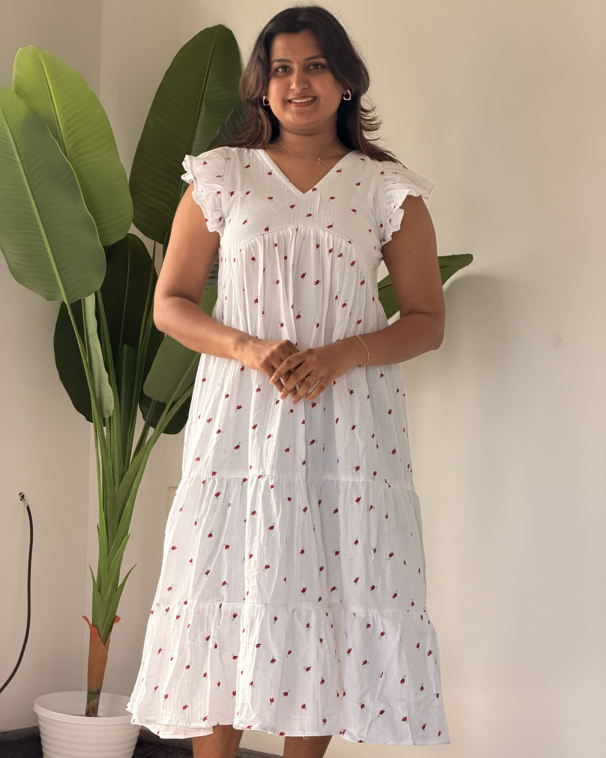 Tira | She Wardrobe Premium Double Gauze Muslin Cotton Floral Maternity & Nursing Dress – Snow Blossom