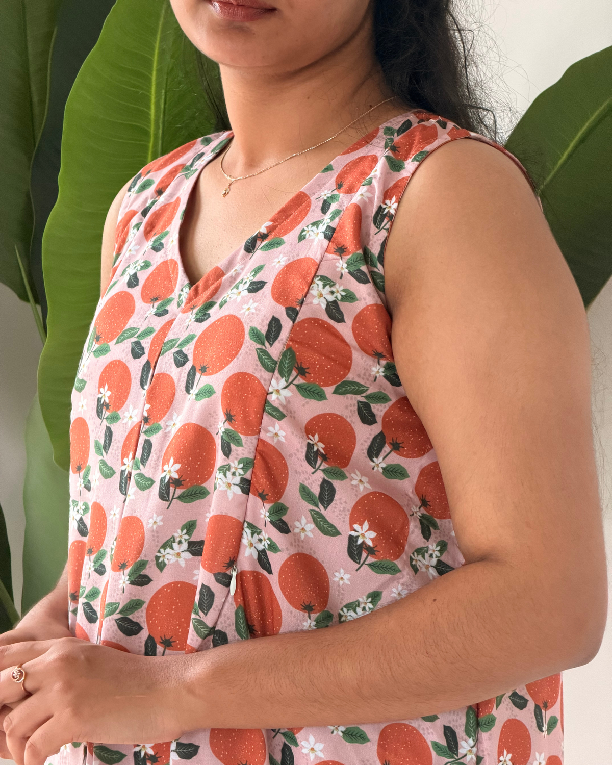 Clementine | She Wardrobe V-Neck Sleeveless Premium Cambric Cotton Maternity & Nursing Gown – Pink Orange Print