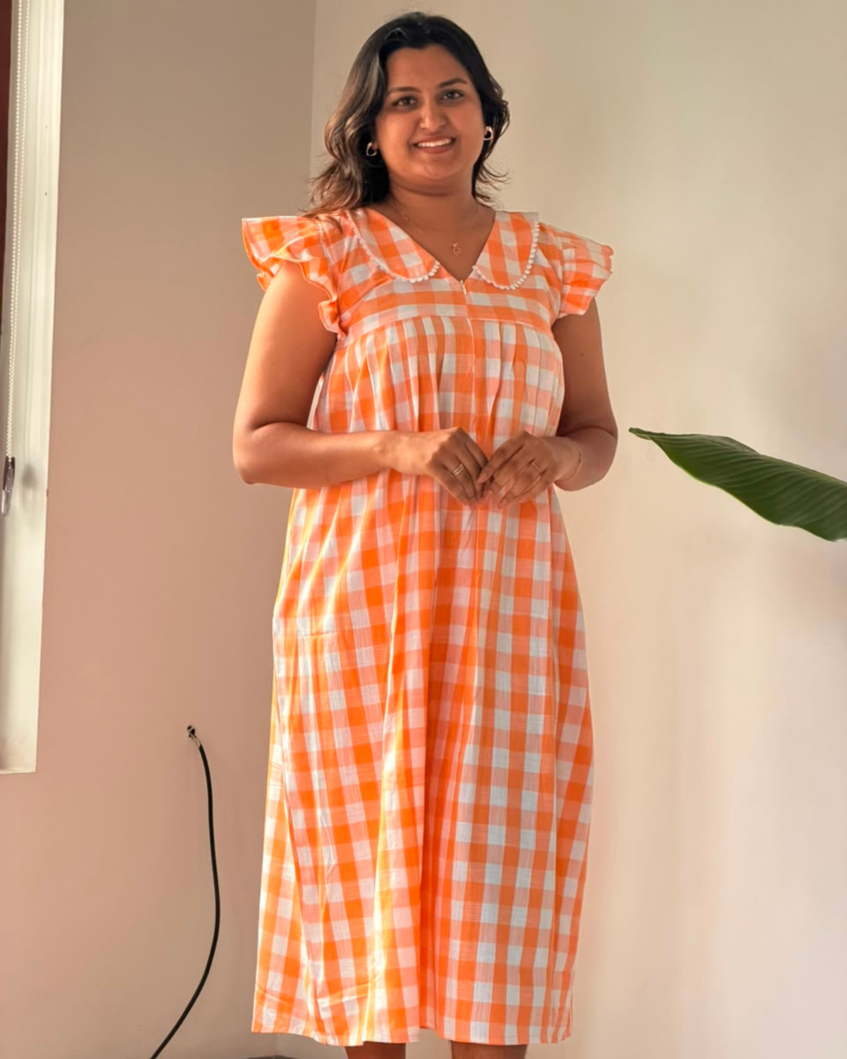 Zoya | She Wardrobe V-Neck Frill Sleeve Premium Handloom Cotton Maternity & Nursing Nighty – Orange Check