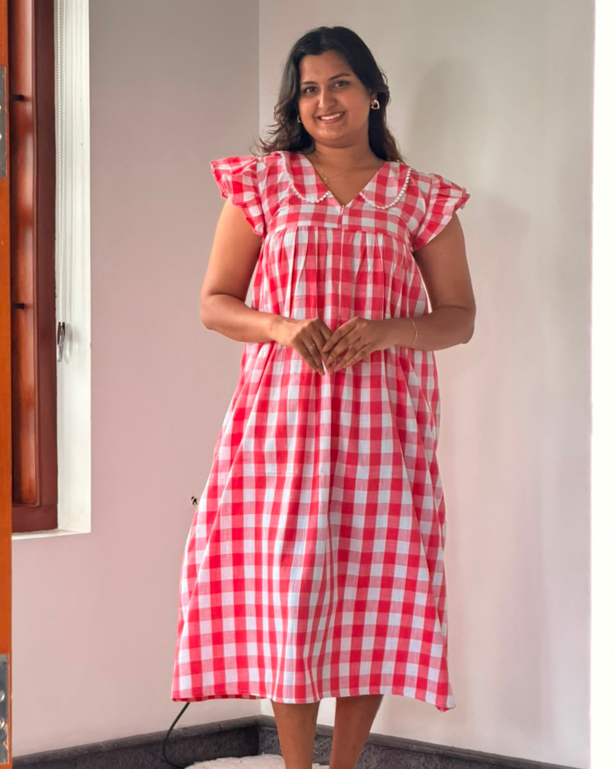 Kira | She Wardrobe V-Neck Frill Sleeve Premium Handloom Cotton Maternity & Nursing Nighty – Pink Check
