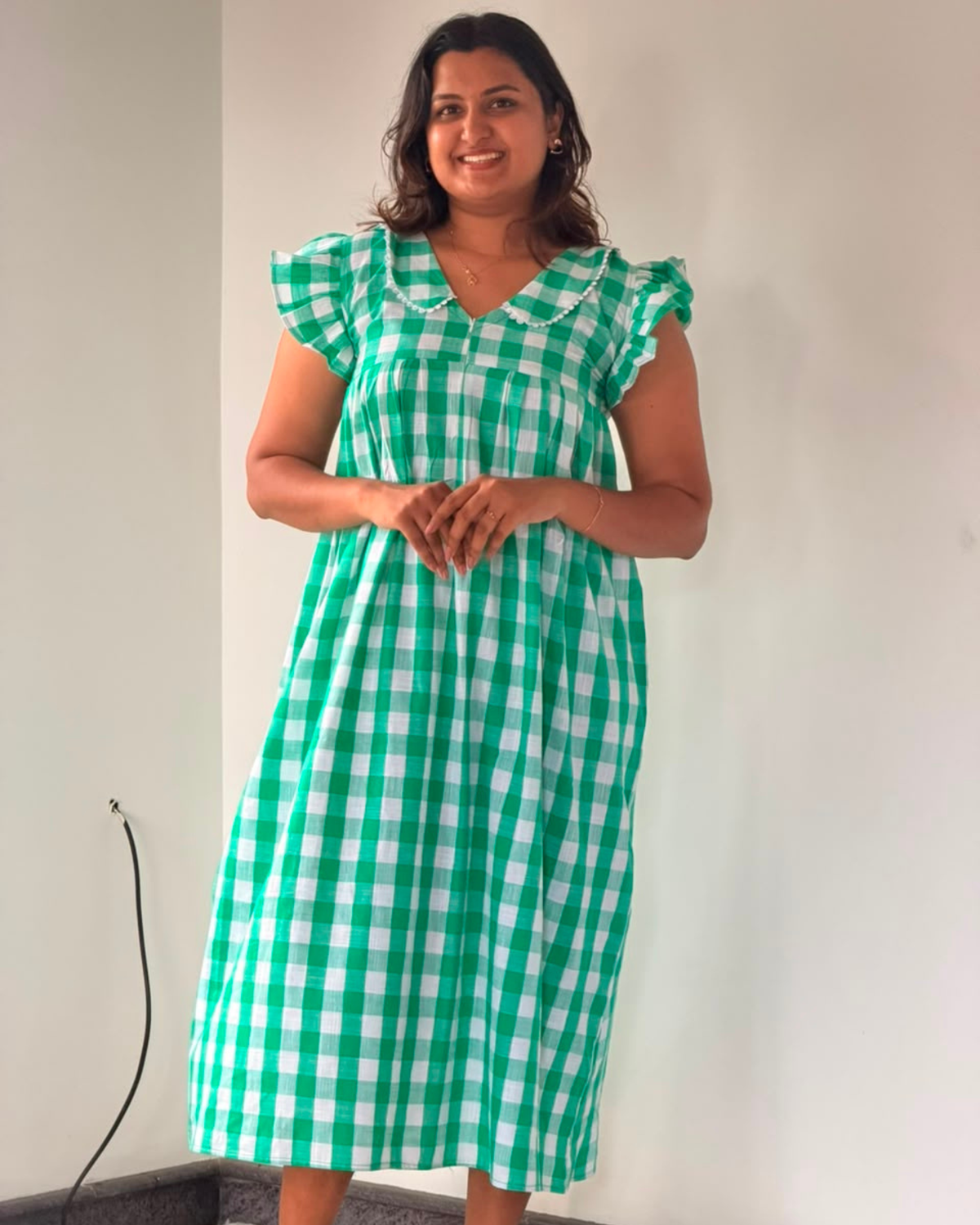 Nela | She Wardrobe V-Neck Frill Sleeve Premium Handloom Cotton Maternity & Nursing Nighty – Green Check