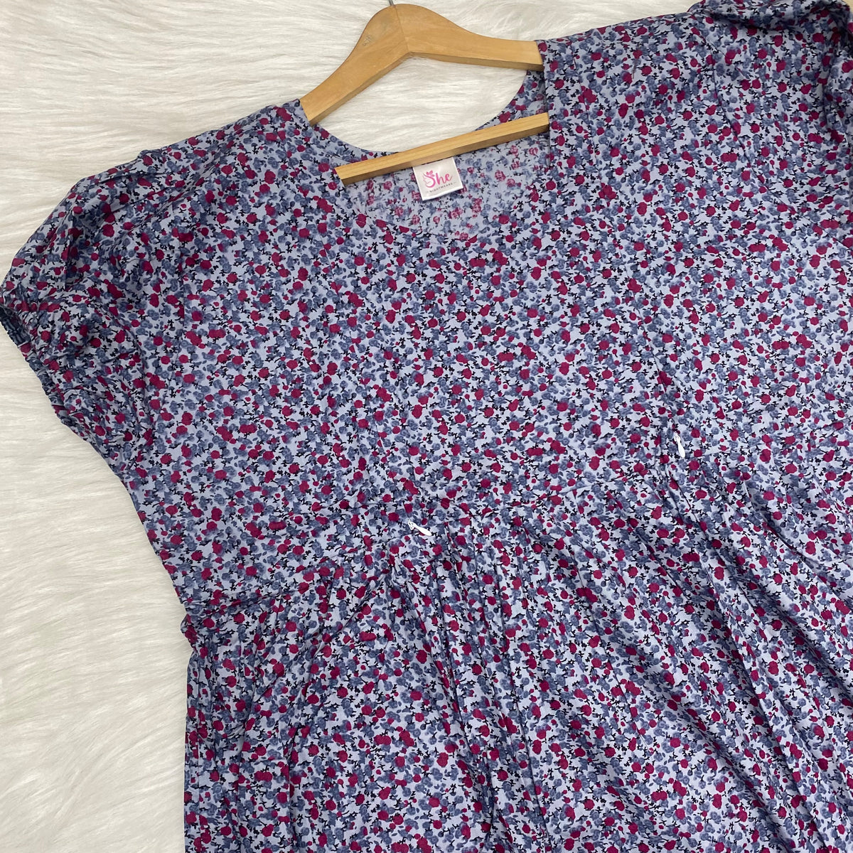 Frock Feeding Nighty, Free Size, Ankle Length, Tie-Up, Puff Sleeve Sleepwear in Softest Cotton Fabric (Bra Size 34"-38" | 50”-52″ length)
