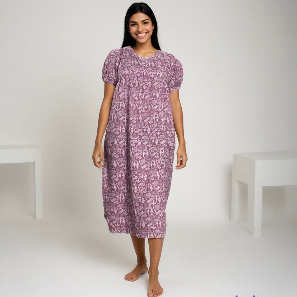 Frock Feeding Nighty Alia Cut, Free Size, Ankle Length, Tie-Up, Puff Sleeve Sleepwear in Softest Cotton Fabric (Bra Size 34"-38" | 50”-52″ length)