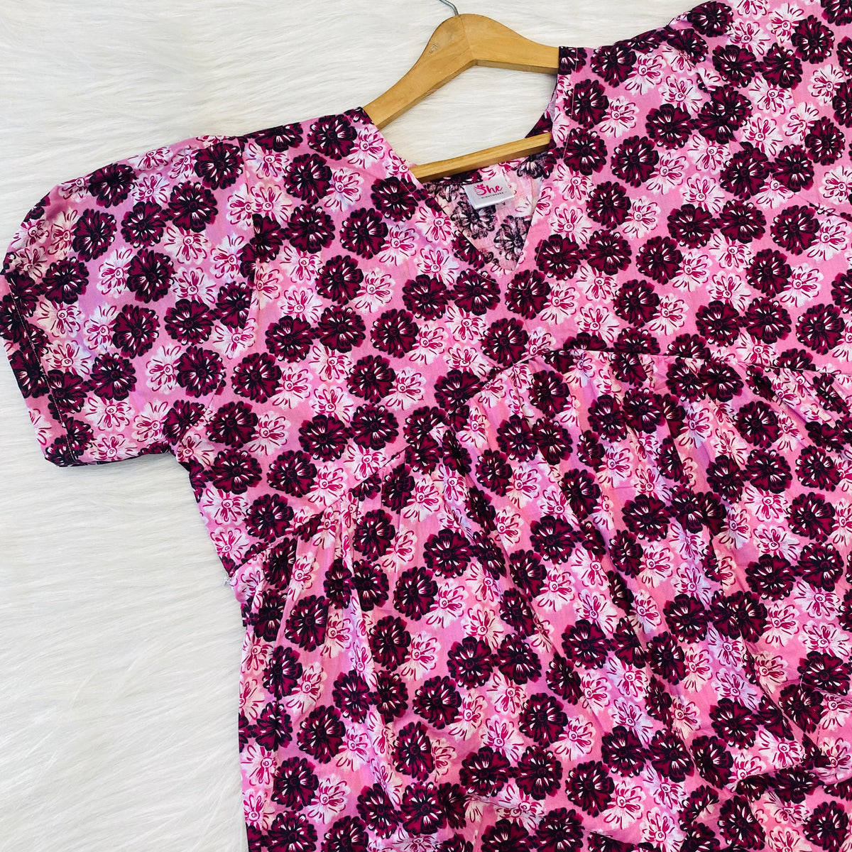 Feeding Frock Alia Cut, Free Size, Ankle Length, Tie-Up, Puff Sleeve Sleepwear in Softest Cotton Fabric (Bra Size 34"-38" | 50”-52″ length)